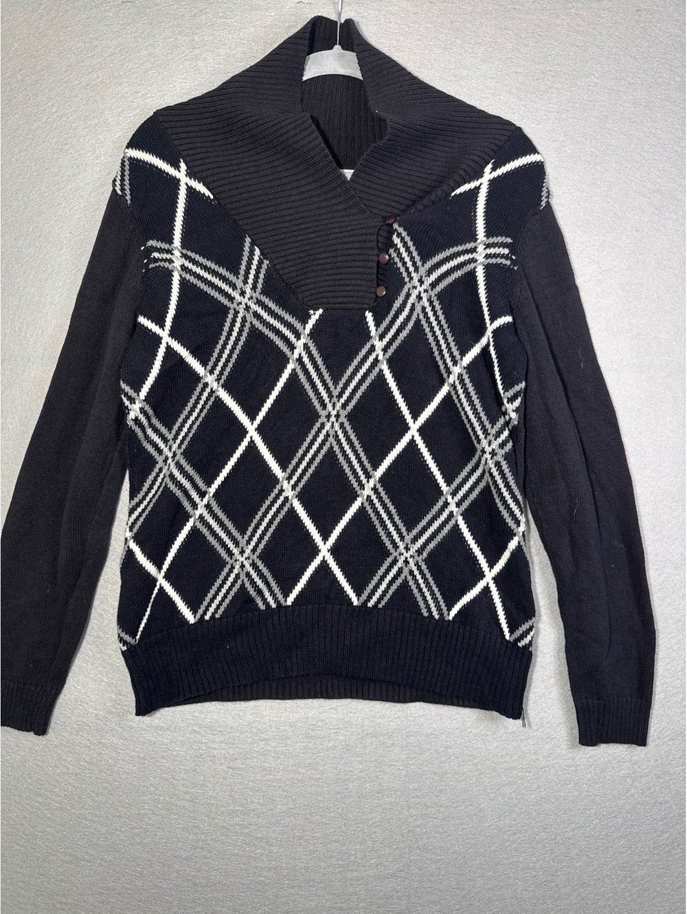 Liz Claiborne Women's Black and White Argyle Cotton Cardigan Sweater Size L